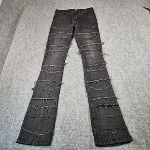 Taker Mens Distressed Flare Jeans Black Frayed Tiered Raw Edge Denim Size 29